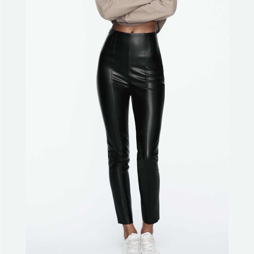 ZARA Women's Size Medium M Pants Pleather Black High Rise Faux Leather